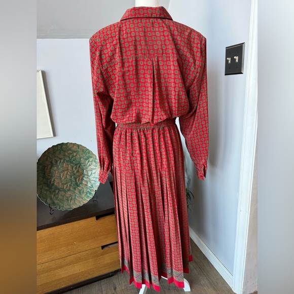 Vintage Talbots 90s Belted Maxi Dress Pleated Skirt Button Up Bodice Red Mustard - Picture 3 of 7
